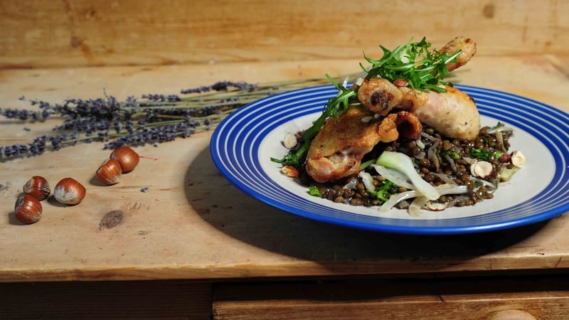 Lavender roast chicken with braised lentils, hazelnuts and fennel
