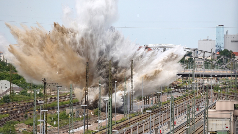 An aerial bomb is detonated in a railway area in Leipzig, Germany