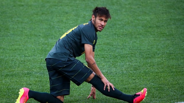 Brazilian soccer player Neymar in action during a training session at the Arena Corinthians stadium in Sao Paulo