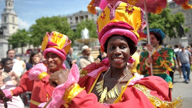 Traditional Brazilian dancers during celebrations at Trafalgar Square, London