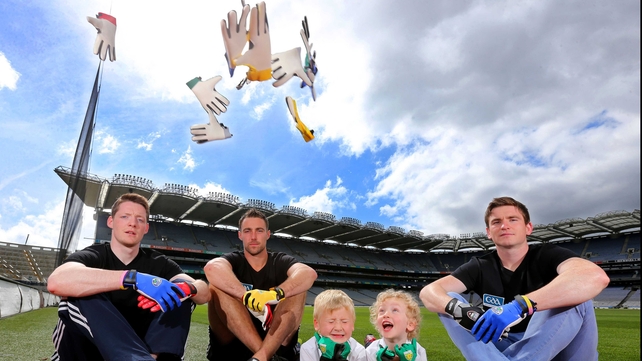 Monaghan's Conor McManus, Cork's Ken O'Halloran and Dessie Mone of Monaghan with brothers Charlie (6) and Tommy (5) Mone at a product launch in Croke Park on Saurday