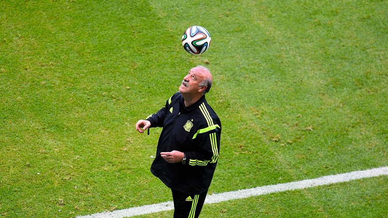 Vicente Del Bosque of Spain heads the ball during a Spanish training session this week