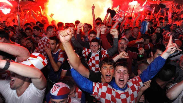 Croatian fans celebrate the opening of the 2014 Word Cup in Zagreb