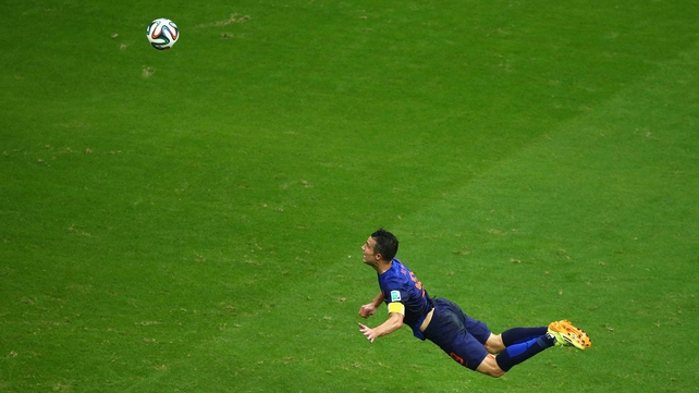 A short while later, Netherlands captain forward Robin van Persie earns a new moniker - 'The Flying Dutchman' - after his spectacular goal at 44' - from 17 yards out no less