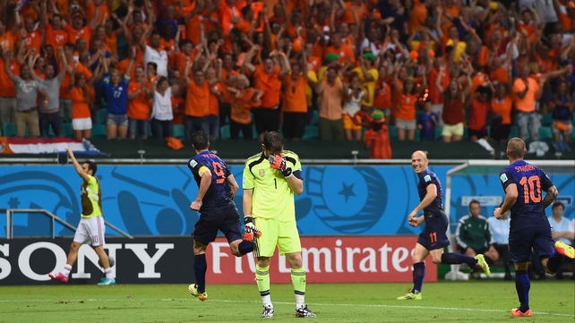 Following another score from Van Persie nine minutes later, Casillas laments his fourth goal conceded on the night