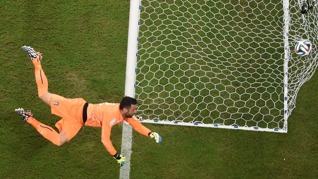 The fans on the other side (and many other places) thought it was in - an early Sterling shot hits the side netting