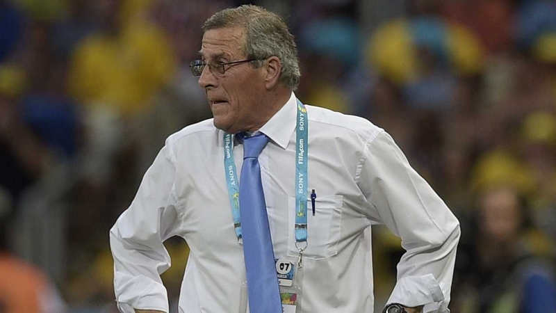 Oscar Tabarez looks on as Uruguay take on Costa Rica