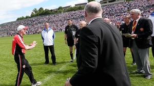 Tyrone manager Mickey Harte confronts referee Eddie Kinsella at the end of the Tyrone versus Monaghan tie