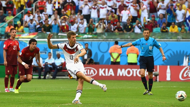 Thomas Müller took the penalty for Germany and drove it home, putting his squad ahead 1-0 early