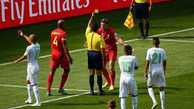 At 24' Belgium defender Jan Vertonghen laid a sloppy foul on Feghouli in the box and received the match's first yellow card