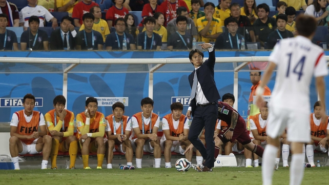 Hong Myung-Bo, Korea's coach, looks on. A World Cup veteran as a player, Hong appeared in four tournaments, including their surprise fourth place finish in 2002