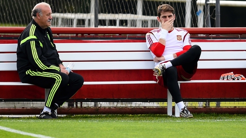 Spain manager Vicente del Bosque and beleaguered Spain captain Iker Casillas pictured during training in Curitiba on Saturday