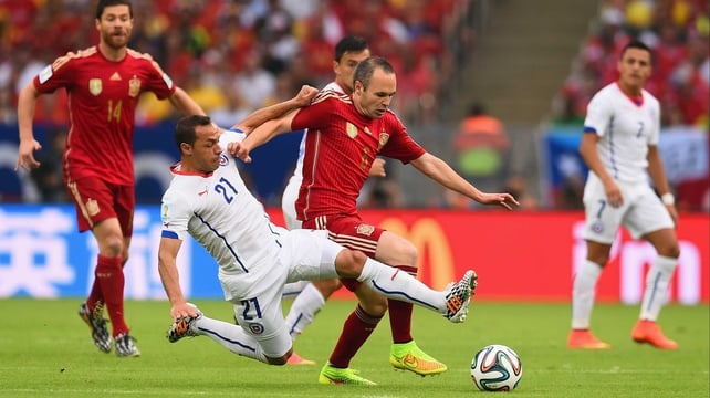 Spain never quite found their footing early on, as Chile midfielder Marcelo Diaz kept Spain midfielder Andres Iniesta solidly under control