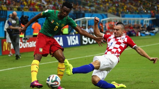 Cameroon forward Benjamin Moukandjo sought to make up for the absence of injured star forward Samuel Eto'o. Here he works against Croatia defender Daniel Pranjic