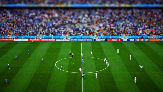 A view of the pitch during the first few minutes of play, making use of tilt shift and a variable vocal plane lens to transform the whole scene into something looking like a model
