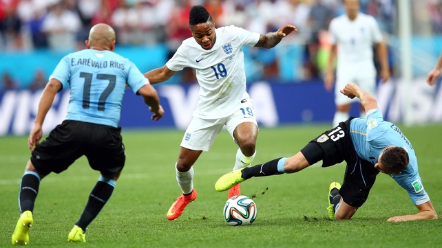 Nineteen-year-old England midfielder Raheem Sterling drove the ball up the Uruguay defence
