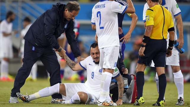 Greece suffered a blow midway through the first half when Mitroglou went down with a bizarre hip injury. Replays didn't show much heavy contact on the play, but Mitroglou had to leave the pitch less than 10 minutes later