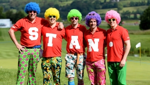 Golf fans dressed in colourful clothes for 'Wacky Trousers Day' during the second round...
