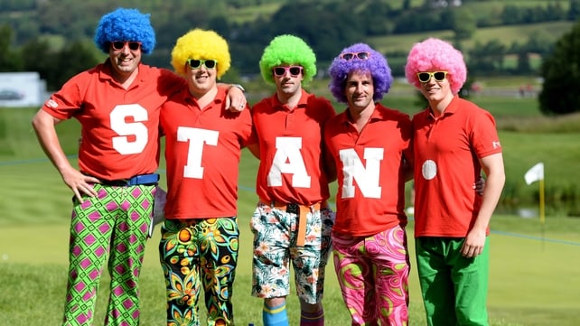 Golf fans dressed in colourful clothes for 'Wacky Trousers Day' during the second round...