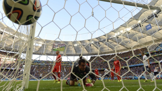 The goal shot off the finger-tips of Switzerland keeper Diego Benaglio...