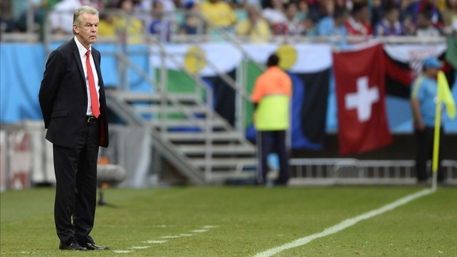 Switzerland coach Ottmar Hitzfeld looked on as his side very nearly surrendered another score