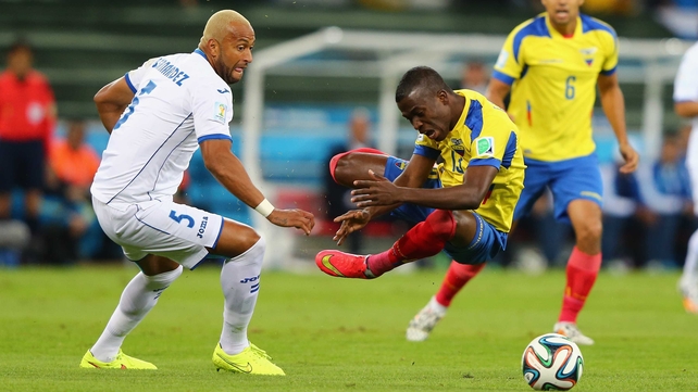 The first half saw both teams putting out sloppy yet highly entertaining performances. Honduras defender Victor Bernardez earned a yellow card just seven minutes in for this hard tackle on Ecuador forward Enner Valencia