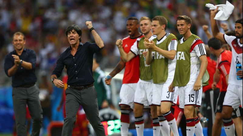 Joachim Low celebrates Germany's equaliser in Fortaleza