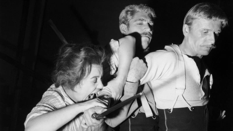 A rehearsal for the play 'Sergeant Musgrave's Dance' by John Arden at the Royal Court Theatre, 21st October 1959. Alan Dobie attacks Frank Finlay with his bayonet, while Patsy Byrne tries to stop him