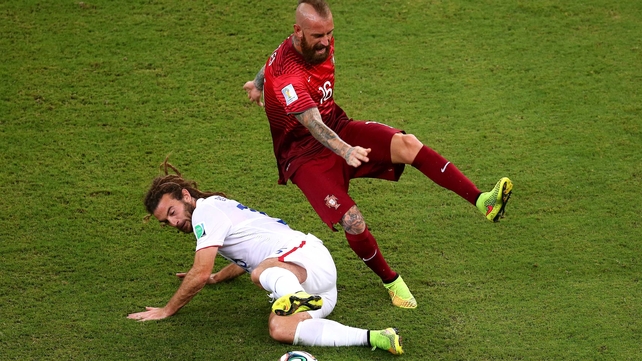 At 16' USA defender Kyle Beckerman made a messy - and malicious looking - tackle on Portugal midfielder Raul Meireles. Beckerman somehow escaped a booking, while his victim had to leave the pitch after the crude play