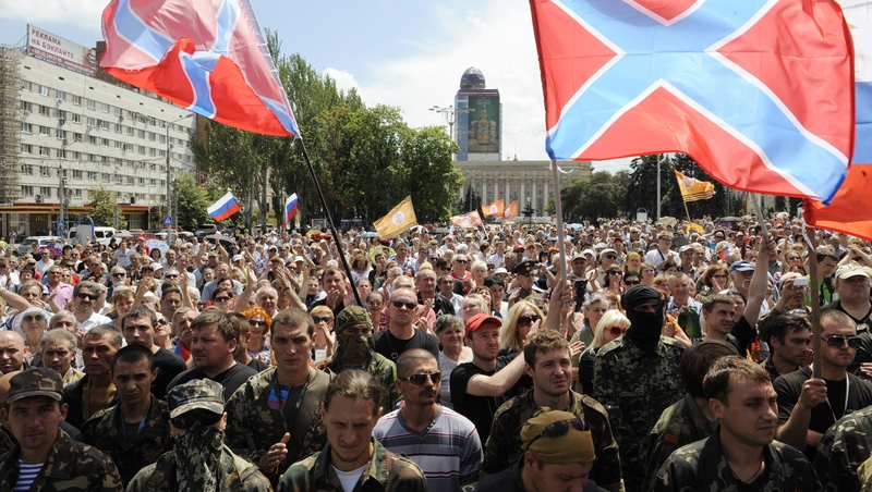 Pro-Russian militants take the military oath of allegiance to the so-called People's Republic of Donetsk