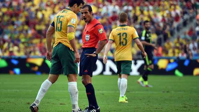 Australia midfielder and captain Mile Jedinak received a few words of wisdom from referee Nawaf Shukralla