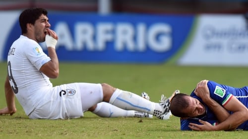 Luis Suarez and Giorgio Chiellini react after the incident