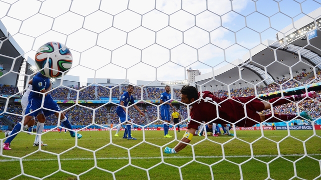 Gigi Buffon - who had a very good game overall - can do nothing to stop Diego Godin's header