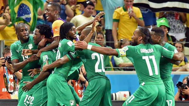 Wilfried Bony (second left) celebrates after scoring the crucial equaliser for Ivory Coast