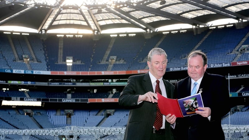 Eugene McGee and GAA President Liam O'Neill at the launch of the FRC proposals in Croke Park