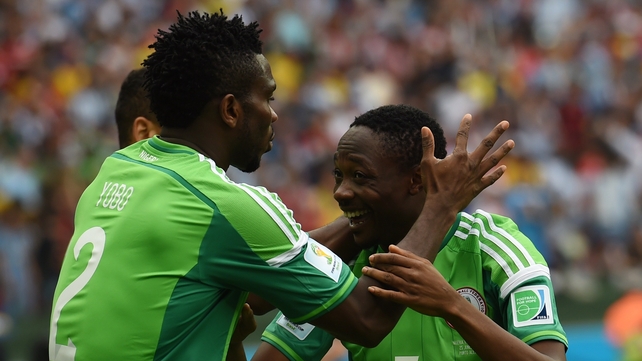But Nigeria responded rapidly, Ahmed Musa (R) levelling matters before celebrating with Joseph Yobo