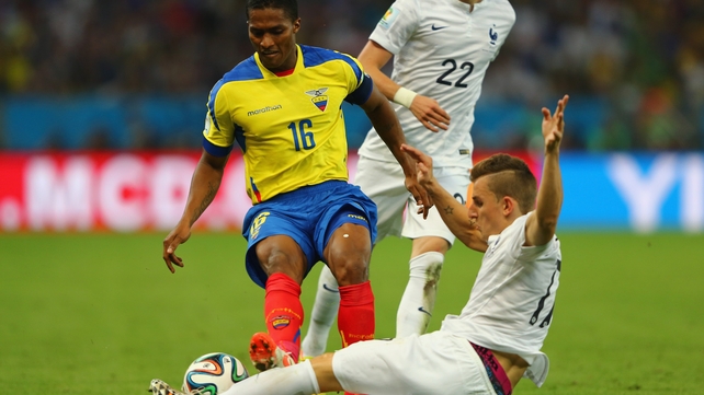 There was disaster for Ecuador early in the second half when Antonio Valencia was shown red for this tackle on Lucas Digne