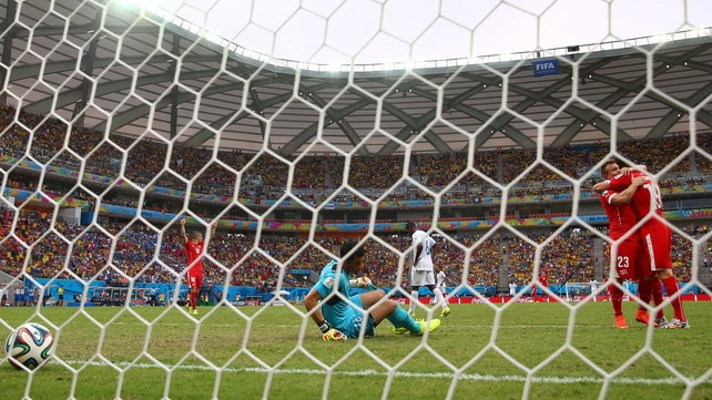 And Shaqiri duly celebrated his hat-trick with his team-mates
