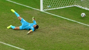 Honduras' goalkeeper Noel Valladares can do nothing as Shaqiri scores his third for Switzerland