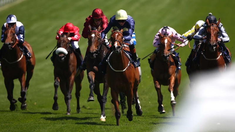 Thistle Bird (yellow cap) won The Princess Elizabeth Stakes at Epsom