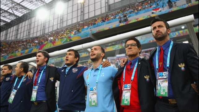 Russia coach Fabio Capello remained composed during his side's national anthem