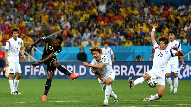 Belgium forward Divock Origi made a shot on goal later on...