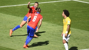 Sanchez celebrated his equaliser, which bumped the score to 1-1 heading into the half-time break