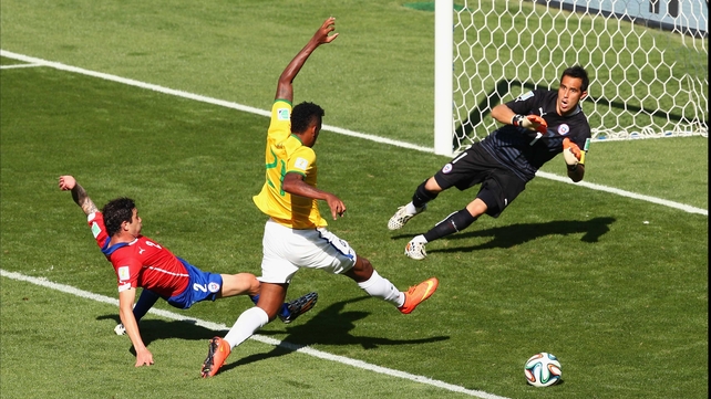 And Fred's replacement Jo had a remarkably clear chance to give Brazil the lead midway through the second...