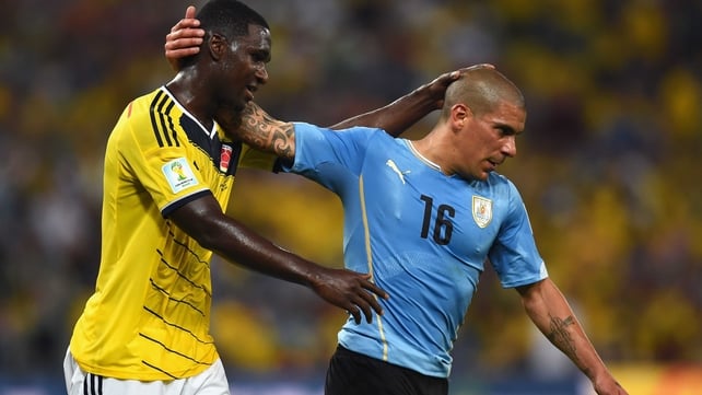 At the start of the second, Colombia defender Cristian Zapata and Uruguay defender Maximilliano Pereira seemed to signal their sides making some peace