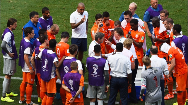 Dutch coach Louis van Gaal strategized with his side during the match's second cooling break