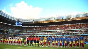 Both sides lined up to sing their anthems before things got underway at the Arena Pernambuco