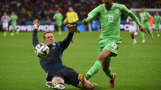 Which must have inspired the players in green, as they came out energetically dominating the Germans. Early on, forward Islam Slimani forced Germany keeper Manuel Neuer to come off his line and make a potentially goal-saving tackle