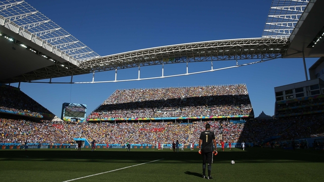 Argentina keeper Sergio Romero prepared to get the second half underway at the Arena Corinthians