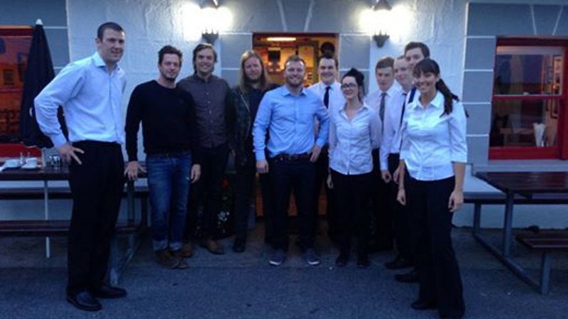 Rock lobster: Arcade Fire with the staff of Moran's Oyster Cottage in Kilcolgan, Co Galway